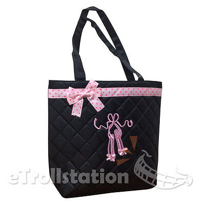 New Girls Black Quilted Tote Toe Shoe Dance Bag Ballet Slippers Pink Ribbon