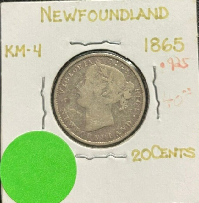 1865 Newfoundland Canada Silver 20c Twenty Cents Better Grade Details Coin #4954