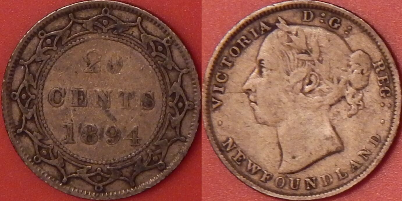 Fine 1894 Canada Newfoundland Silver 20 Cents