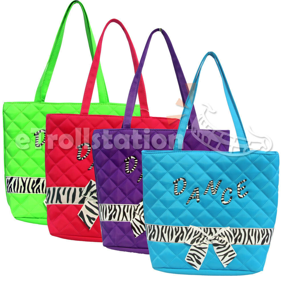 Stylish Girls Kids Nylon Dance Tote Bag W/ Quilted Zebra Pattern Bow Ribbon New