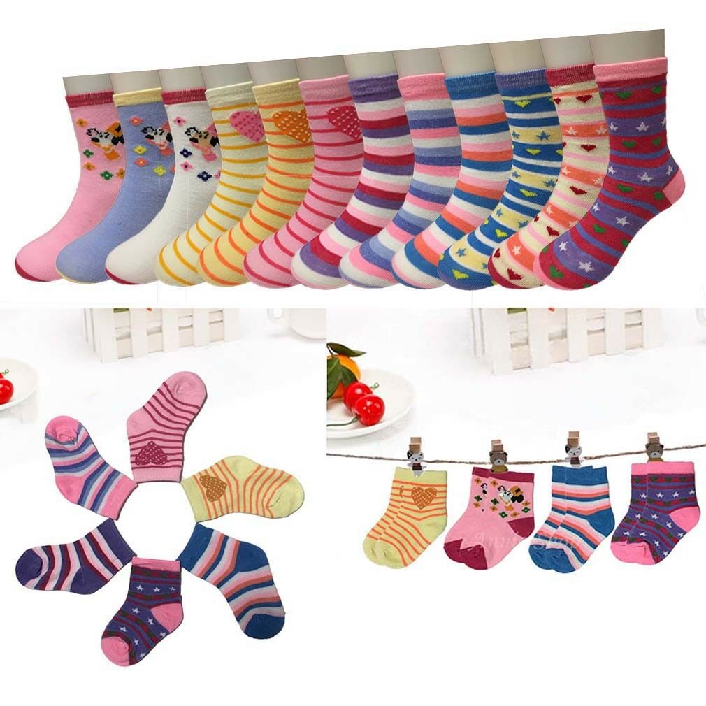 New Lot 12 Pairs Child Girls Kids Multi Color Sport Crew Socks Cotton Multi-size