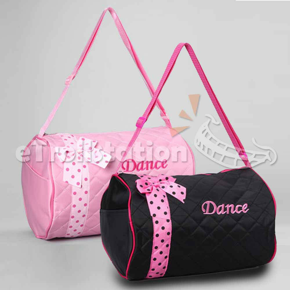 Girls Dance Duffle Bag Kids Quilted Ribbon Polka Dots Light Pink Black Totes Bag