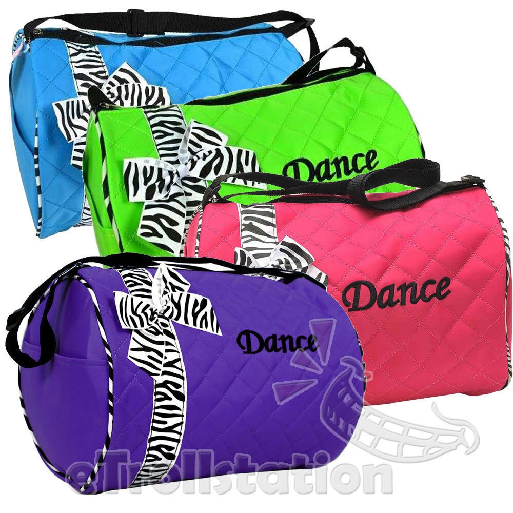 Girls Kids Dance Duffle Bags Quilted Zebra Pattern Ribbon Blue Green Pink Purple